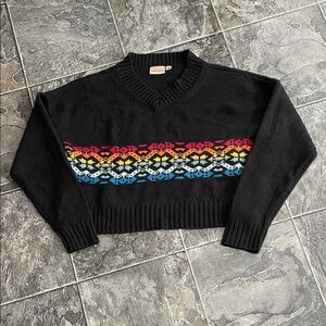 HARLOW Black Multicolor Nordic Pattern Cropped Womens Sweater Ski Chalet Cottage